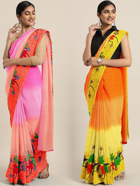 

KALINI Pink & Yellow Pure Georgette Set of 2 Saree