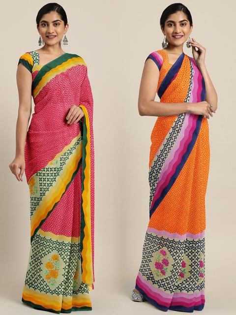 

KALINI Pink & Orange Pure Georgette Set of 2 Printed Saree