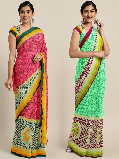 

KALINI Pack of 2 Pink & Green Printed Pure Georgette Saree