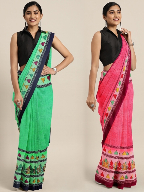 

KALINI Pack of 2 Green & Pink Printed Pure Georgette Saree