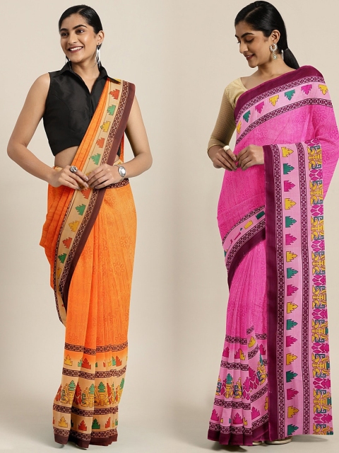 

KALINI Orange & Pink Pure Georgette Set of 2 Printed Saree