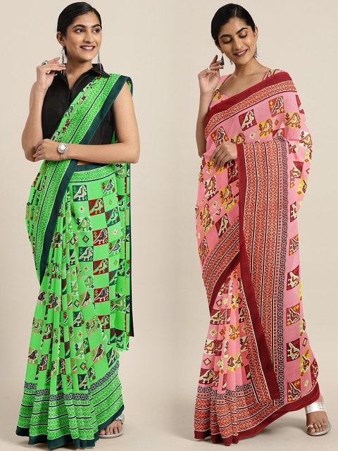 

KALINI Pack Of 2 Printed Pure Georgette Sarees, Green