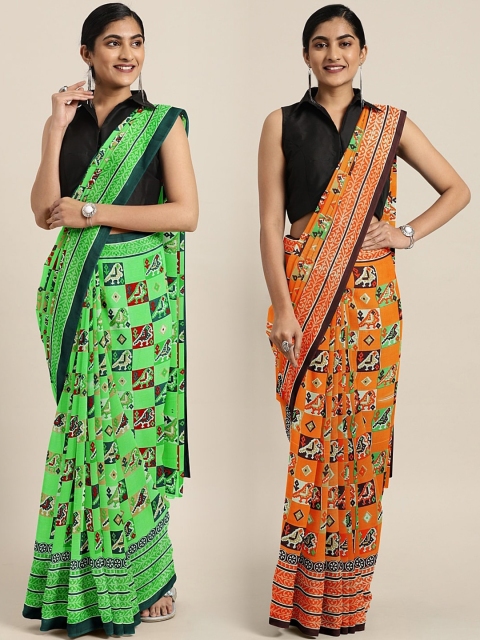 

KALINI Green & Orange Pure Georgette Set of 2 Printed Saree