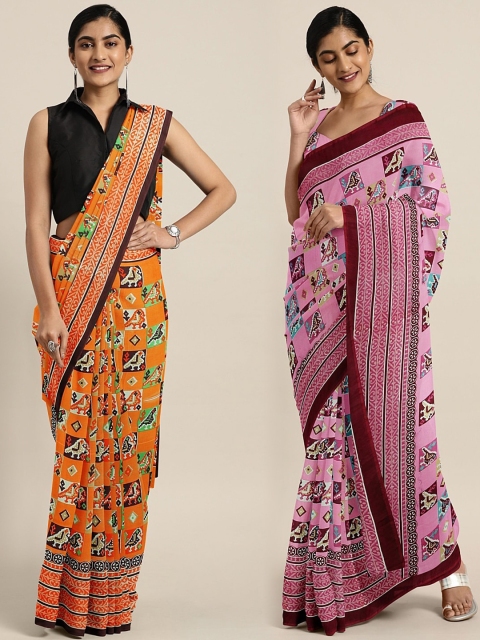 

KALINI Pack of 2 Printed Orange & Purple Pure Georgette Saree