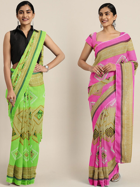 

KALINI Pack of 2 Green & Pink Printed Pure Georgette Saree