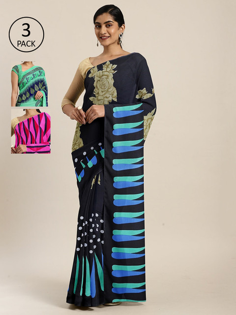 

KALINI Pack of 3 Printed Sarees, Navy blue