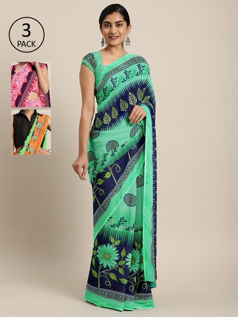 

KALINI Pack Of 3 Printed Pure Georgette Sarees, Sea green