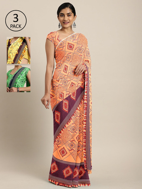 

KALINI Pack Of 3 Printed Pure Georgette Sarees, Peach