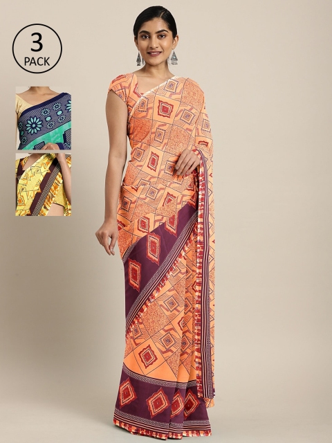 

KALINI Pack of 3 Printed Sarees, Peach