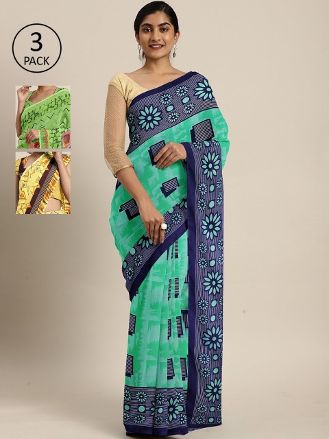 

KALINI Pack of 3 Printed Pure Georgette Saree, Teal