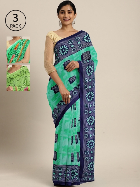 

KALINI Pack Of 3 Printed Pure Georgette Sarees, Teal