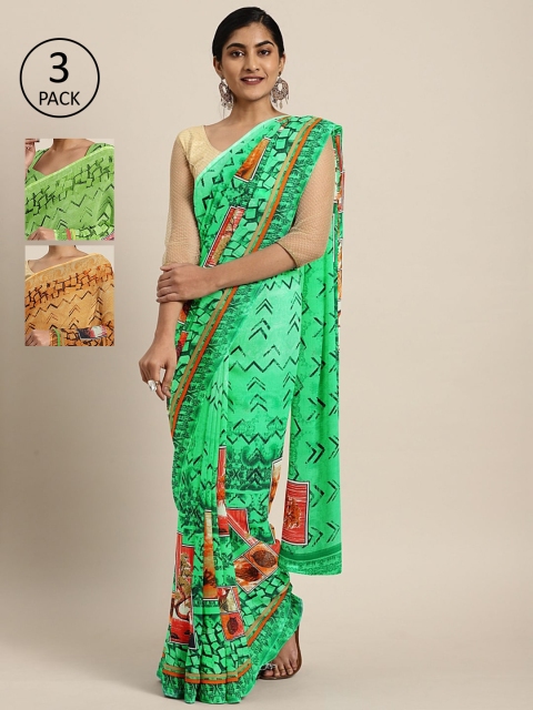 

KALINI Pack of 3 Printed Sarees, Green
