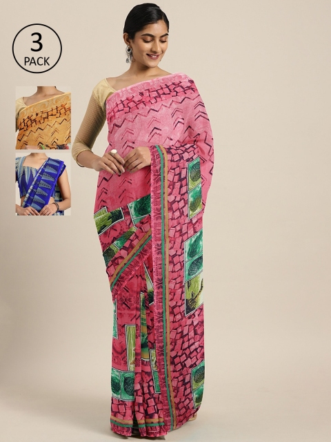 

KALINI Pack Of 3 Printed Pure Georgette Sarees, Pink