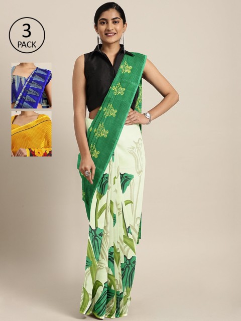 

KALINI Pack of 3 Printed Pure Georgette Saree, Green