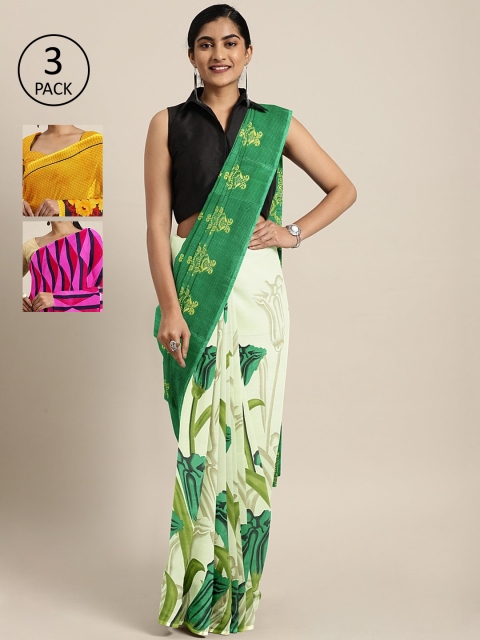 

KALINI Pack Of 3 Printed Poly Georgette Sarees, Green
