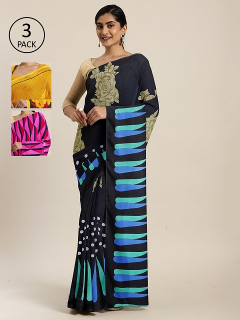 

KALINI Pack of 3 Printed Sarees, Navy blue