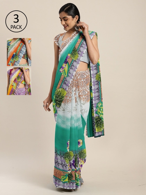 

KALINI Pack of 3 Printed Pure Georgette Saree, Teal