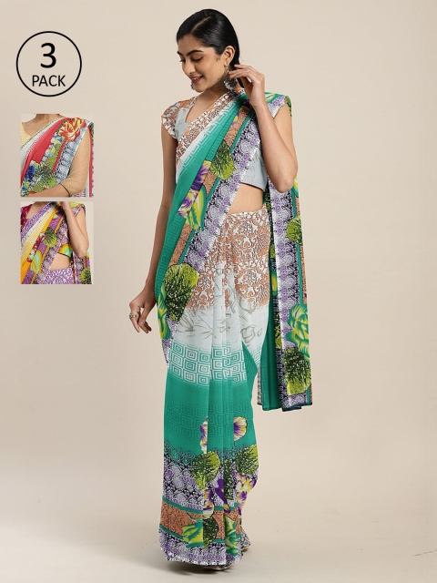 

KALINI Pack Of 3 Printed Pure Georgette Sarees, Green