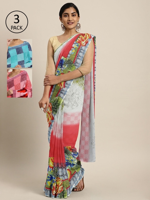 

KALINI Pack of 3 Printed Pure Georgette Saree, Blue