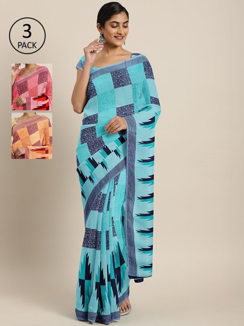 

KALINI Pack Of 3 Printed Pure Georgette Sarees, Turquoise blue