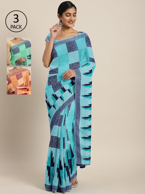 

KALINI Pack of 3 Printed Sarees, Turquoise blue