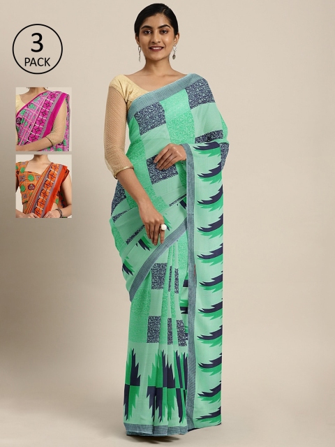 

KALINI Pack Of 3 Printed Pure Georgette Sarees, Green