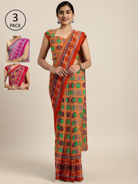 

KALINI Pack of 3 Printed Sarees, Orange