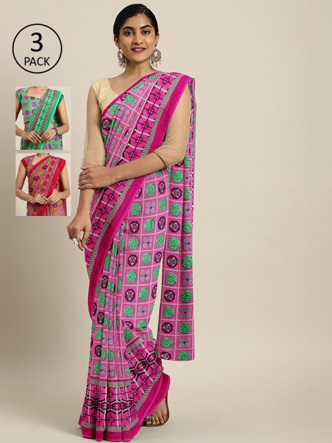 

KALINI Pack of 3 Printed Pure Georgette Saree, Pink