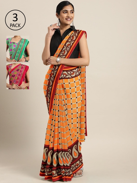 

KALINI Pack Of 3 Printed Pure Georgette Sarees, Orange