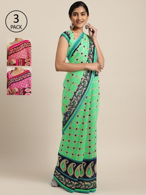 

KALINI Pack Of 3 Printed Pure Georgette Sarees, Green