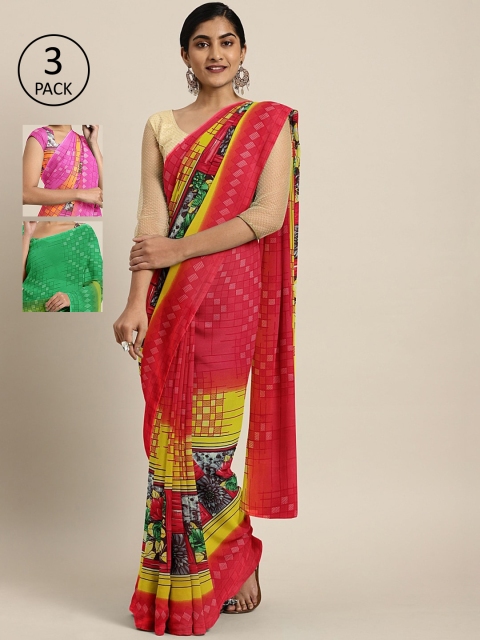 

KALINI Pack Of 3 Printed Pure Georgette Sarees, Red