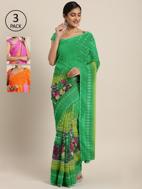 

KALINI Pack of 3 Printed Sarees, Green