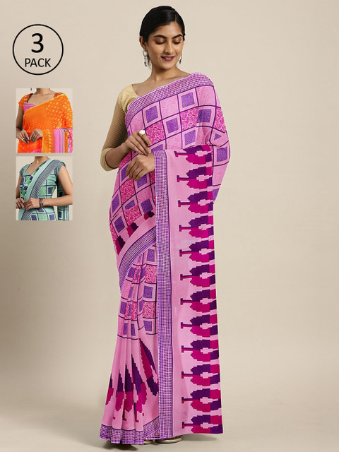 

KALINI Pack Of 3 Printed Pure Georgette Sarees, Purple