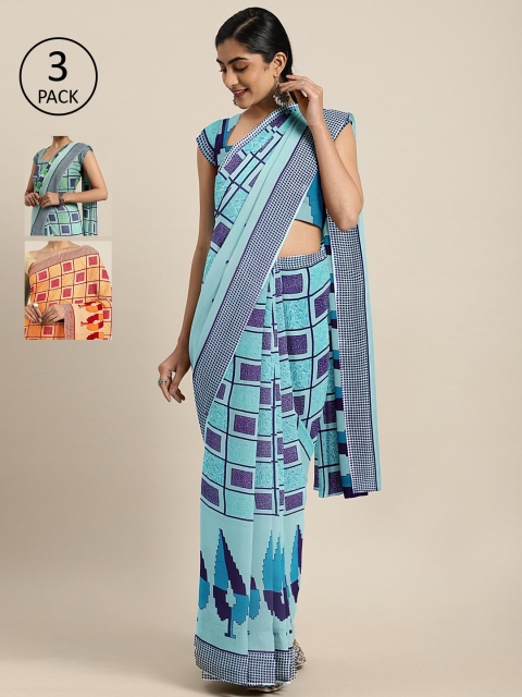 

KALINI Pack of 3 Printed Pure Georgette Saree, Blue