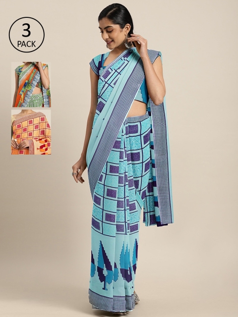 

KALINI Pack Of 3 Printed Pure Georgette Sarees, Blue