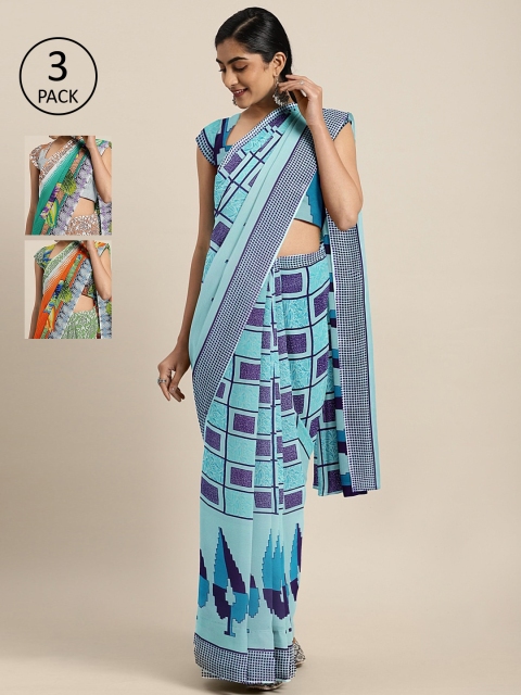 

KALINI Pack of 3 Printed Sarees, Blue