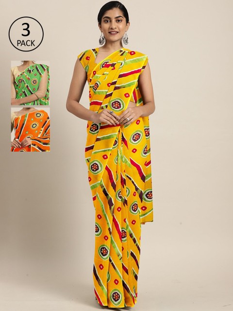 

KALINI Pack Of 3 Printed Pure Georgette Bandhani Sarees, Yellow