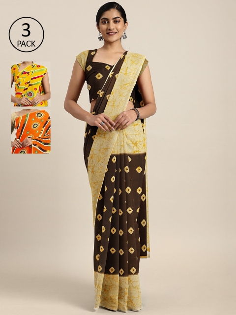 

KALINI Pack of 3 Printed Sarees, Coffee brown