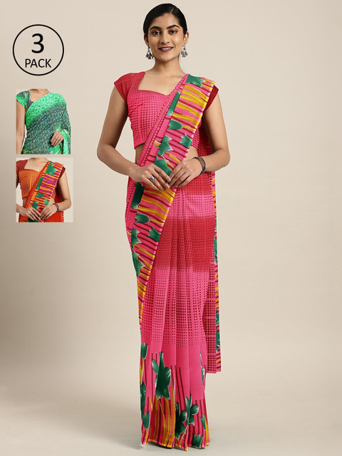 

KALINI Pack Of 3 Printed Pure Georgette Sarees, Red