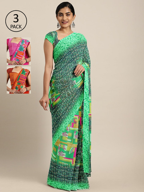 

KALINI Pack of 3 Printed Sarees, Green