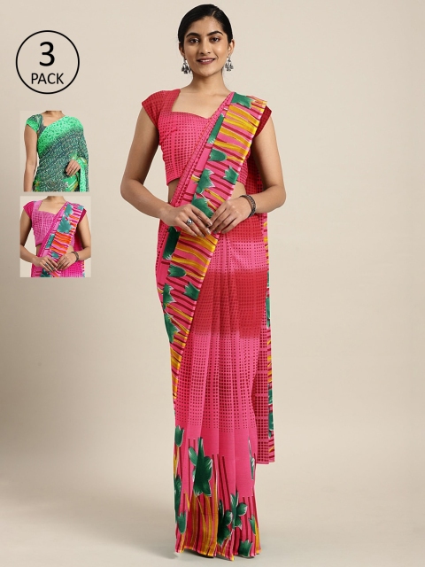 

KALINI Pack Of 3 Printed Pure Georgette Sarees, Red