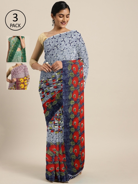 

KALINI Pack of 3 Printed Sarees, Blue