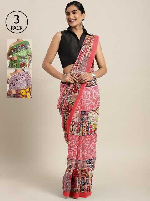 

KALINI Pack Of 3 Printed Pure Georgette Sarees, Pink