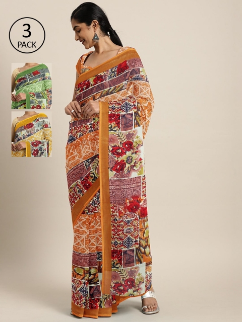 

KALINI Pack of 3 Printed Pure Georgette Saree, Orange