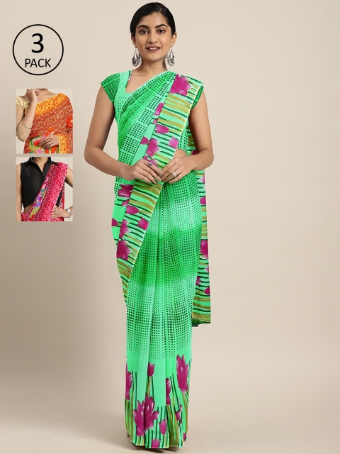 

KALINI Pack of 3 Printed Pure Georgette Saree, Green
