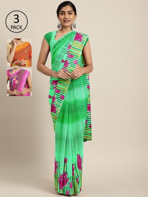 

KALINI Pack Of 3 Printed Pure Georgette Sarees, Green