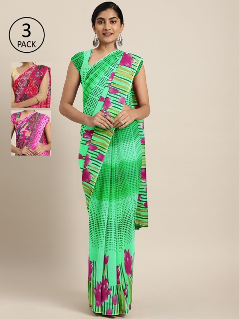 

KALINI Pack of 3 Printed Sarees, Green