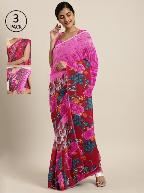 

KALINI Pack of 3 Printed Pure Georgette Saree, Pink