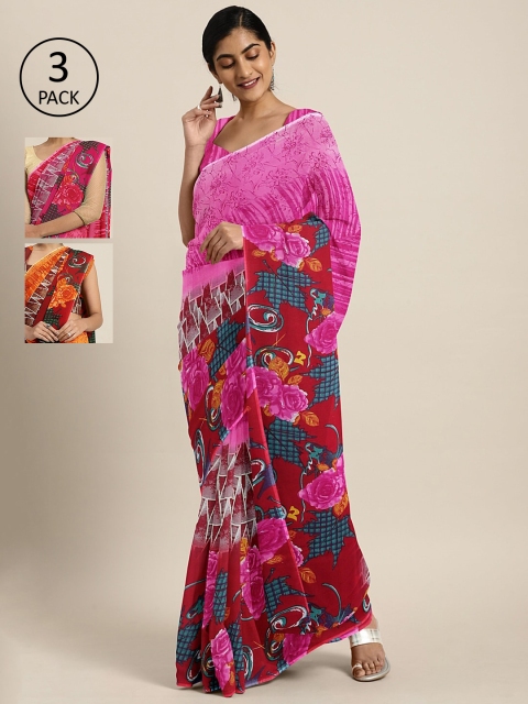 

KALINI Pack Of 3 Printed Pure Georgette Sarees, Pink