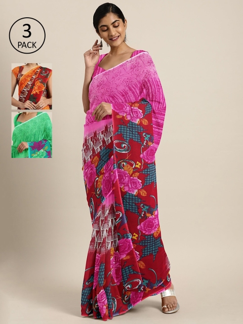 

KALINI Pack of 3 Printed Sarees, Pink